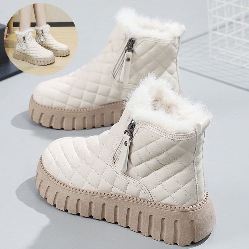 image-Women's Plaid Pattern Platform Ankle Boots Casual Side Zipper Plush Lined Snow Boots Winter Comfortable Short Boots