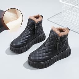 image-Women's Plaid Pattern Platform Ankle Boots Casual Side Zipper Plush Lined Snow Boots Winter Comfortable Short Boots