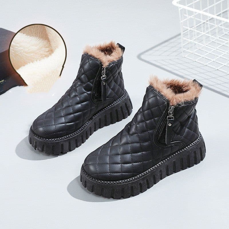 image-Women's Plaid Pattern Platform Ankle Boots Casual Side Zipper Plush Lined Snow Boots Winter Comfortable Short Boots