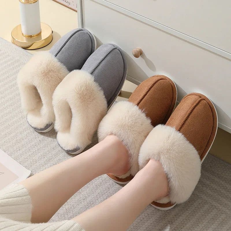 image-Winter Warm Plush Home Slippers Indoor Fur Slippers Women Soft Lined Cotton Shoes Comfy Non-Slip Bedroom Fuzzy House Shoes Women Couple