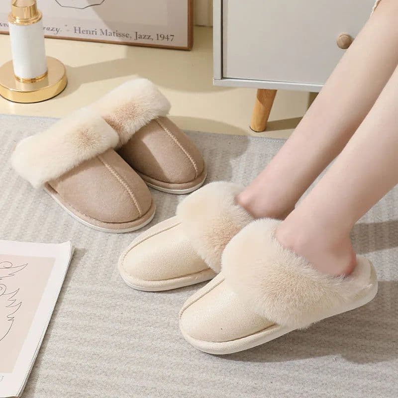 image-Winter Warm Plush Home Slippers Indoor Fur Slippers Women Soft Lined Cotton Shoes Comfy Non-Slip Bedroom Fuzzy House Shoes Women Couple