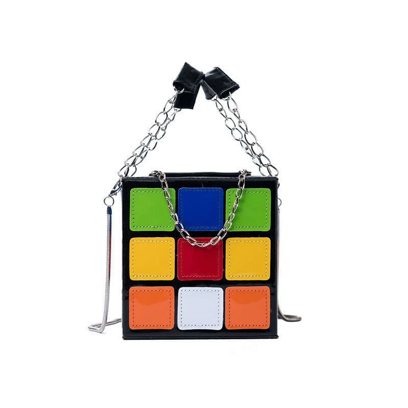 image-Fashion Color Contrast Cute Personality Creative Rubik's Cube Shape Portable Hand-carrying Chain Bag