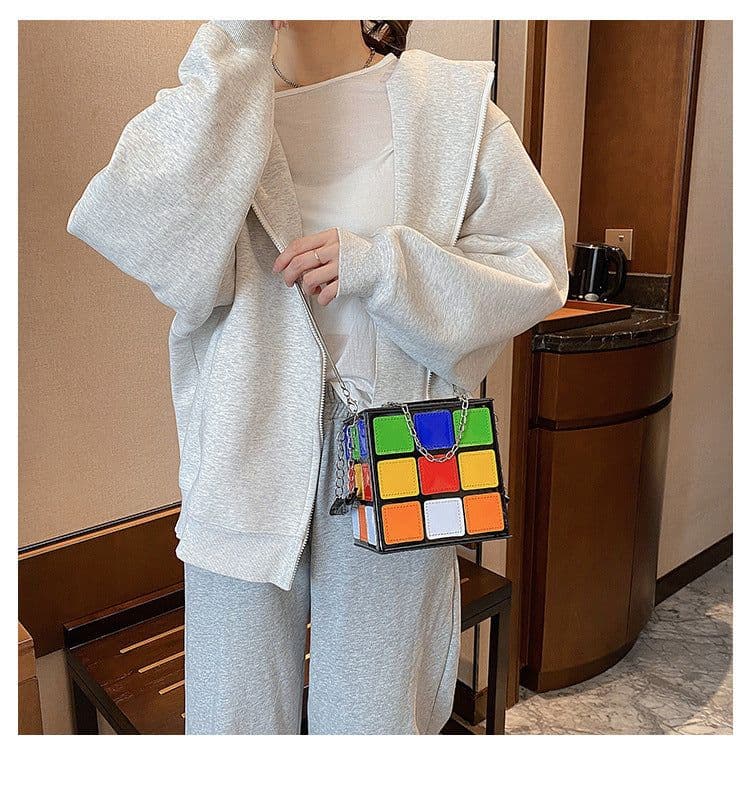 image-Fashion Color Contrast Cute Personality Creative Rubik's Cube Shape Portable Hand-carrying Chain Bag
