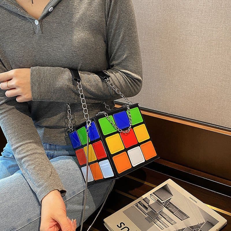 image-Fashion Color Contrast Cute Personality Creative Rubik's Cube Shape Portable Hand-carrying Chain Bag