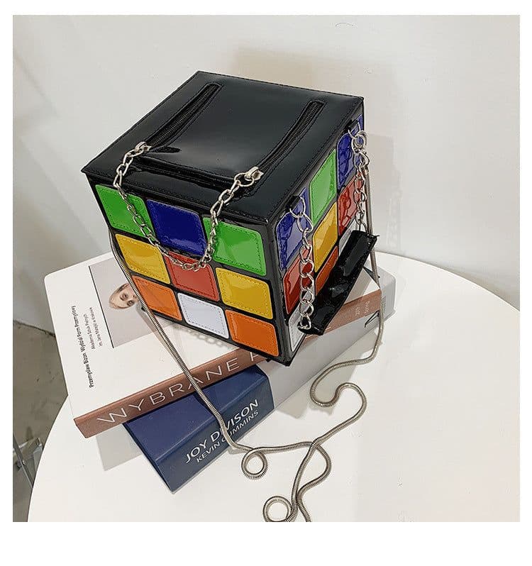 image-Fashion Color Contrast Cute Personality Creative Rubik's Cube Shape Portable Hand-carrying Chain Bag