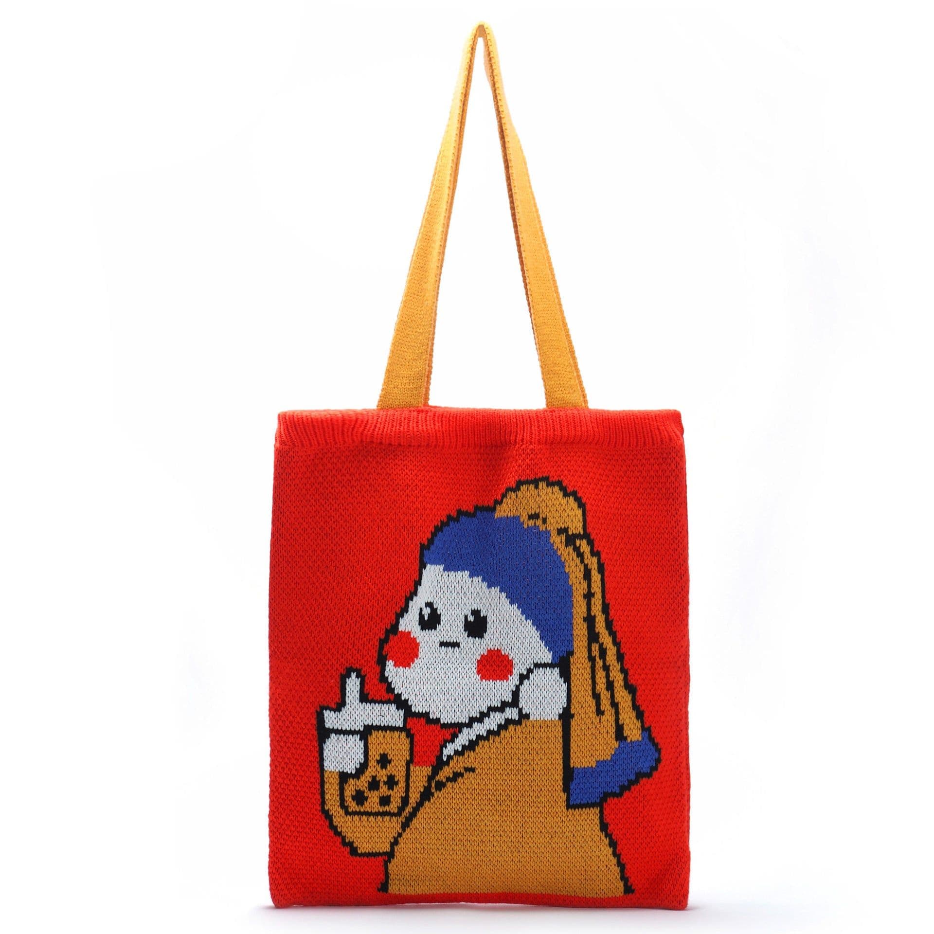 image-Girl Woven Bag Portable With Pearl Earrings