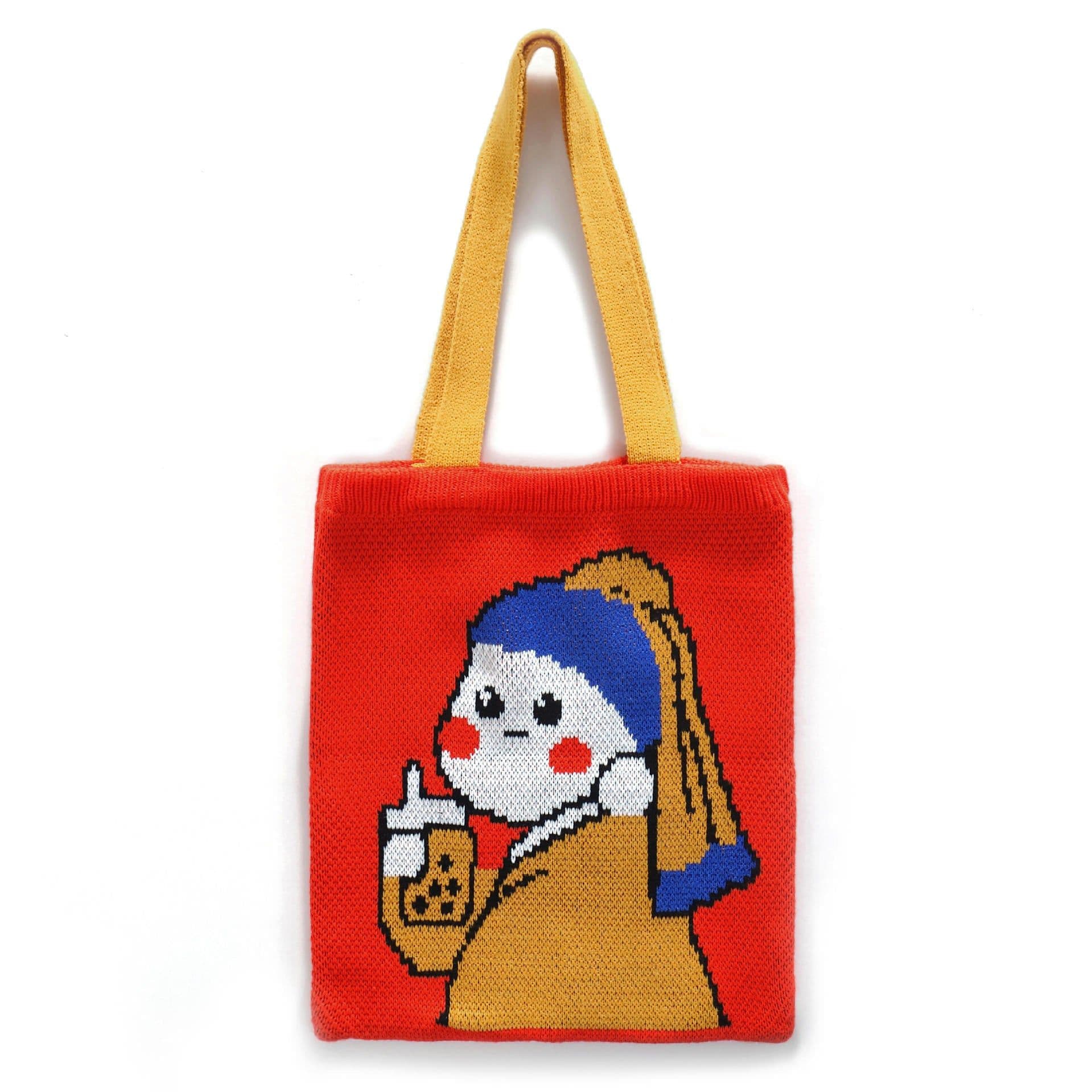 image-Girl Woven Bag Portable With Pearl Earrings