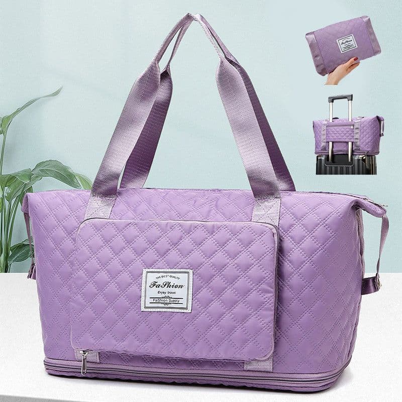 image-Foldable Travel Duffle Bag With Rhombus Sewing Design Large Capacity Fitness Handbag Portable Versatile Shoulder Bags Expandable Organizer