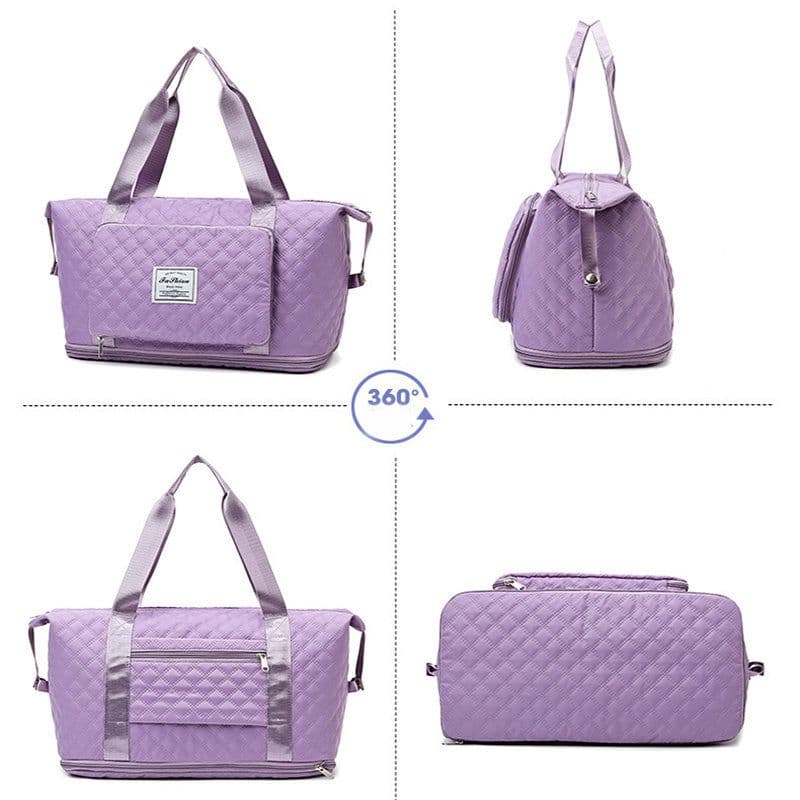 image-Foldable Travel Duffle Bag With Rhombus Sewing Design Large Capacity Fitness Handbag Portable Versatile Shoulder Bags Expandable Organizer