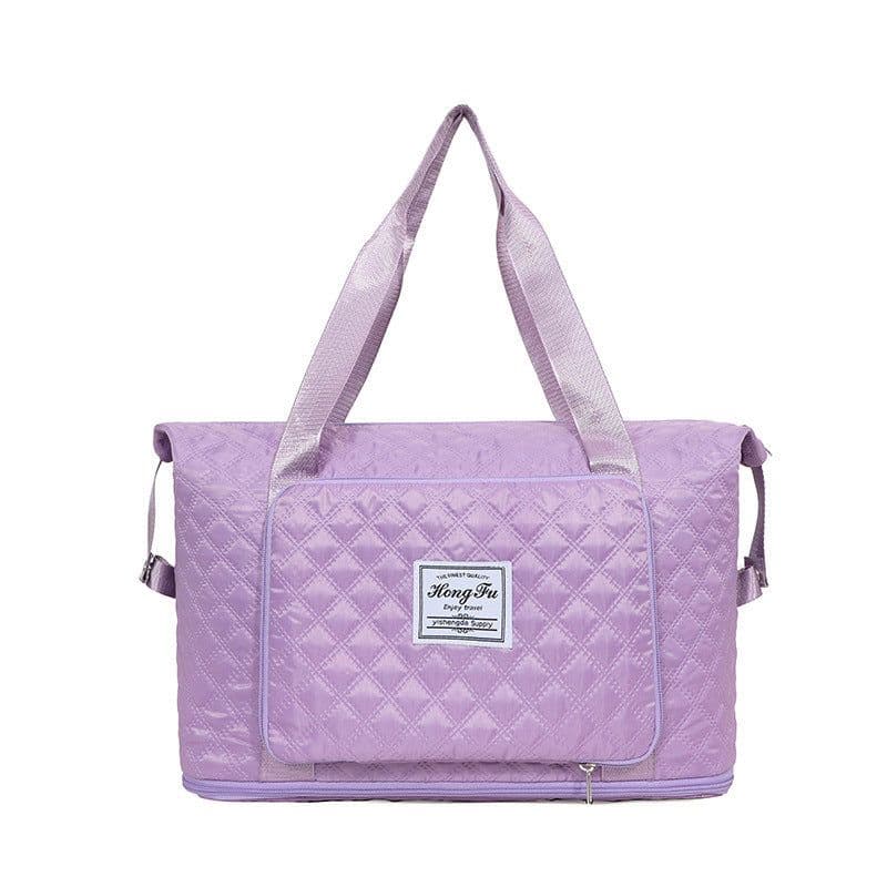 image-Foldable Travel Duffle Bag With Rhombus Sewing Design Large Capacity Fitness Handbag Portable Versatile Shoulder Bags Expandable Organizer