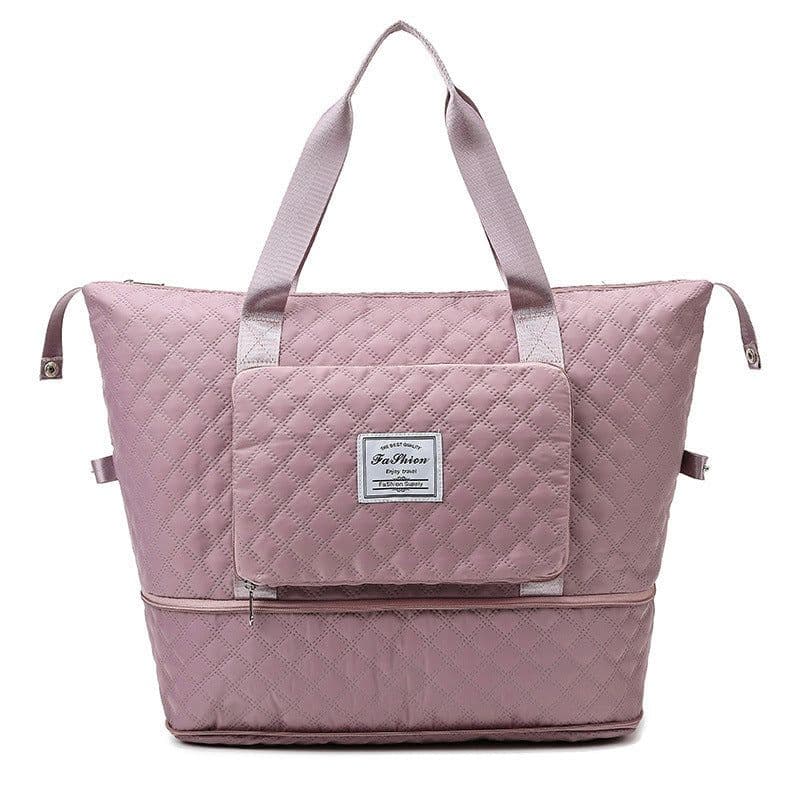 image-Foldable Travel Duffle Bag With Rhombus Sewing Design Large Capacity Fitness Handbag Portable Versatile Shoulder Bags Expandable Organizer