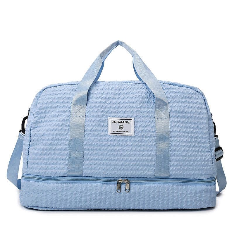 image-Solid Color Travel Duffle Bag With Ruched Design Portable Luggage Bag Dry And Wet Separation Fitness Gym Shoulder Bag For Weekender Overnight Handbags Women