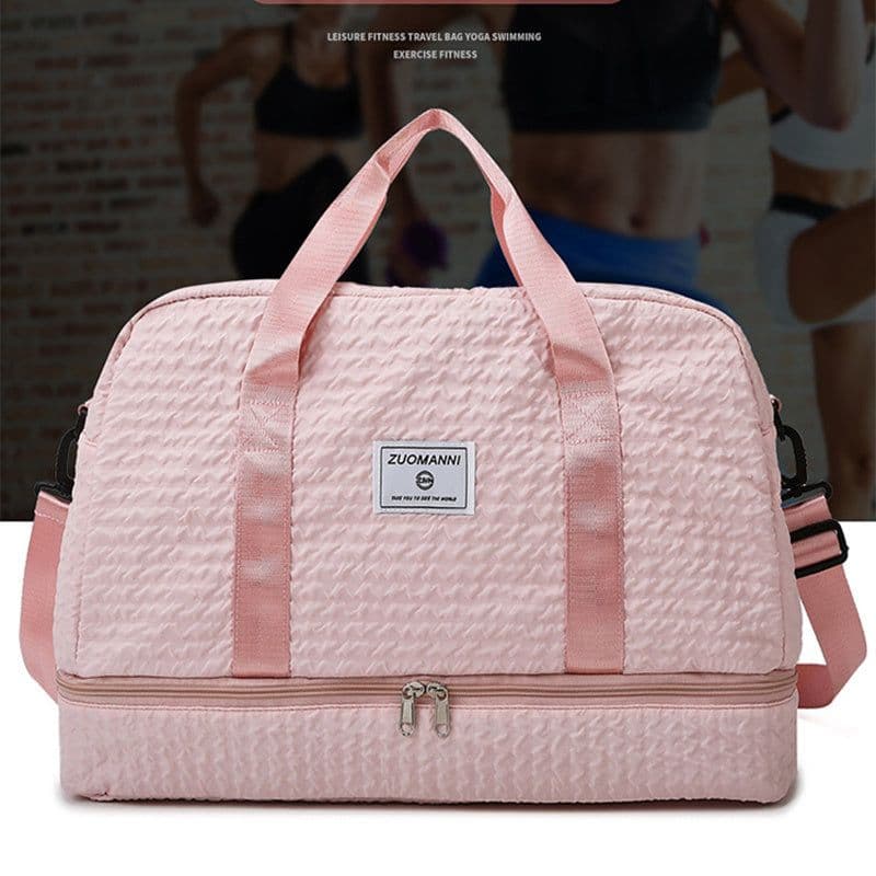 image-Solid Color Travel Duffle Bag With Ruched Design Portable Luggage Bag Dry And Wet Separation Fitness Gym Shoulder Bag For Weekender Overnight Handbags Women