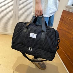 image-Solid Color Travel Duffle Bag With Ruched Design Portable Luggage Bag Dry And Wet Separation Fitness Gym Shoulder Bag For Weekender Overnight Handbags Women