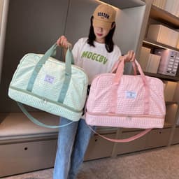 image-Solid Color Travel Duffle Bag With Ruched Design Portable Luggage Bag Dry And Wet Separation Fitness Gym Shoulder Bag For Weekender Overnight Handbags Women
