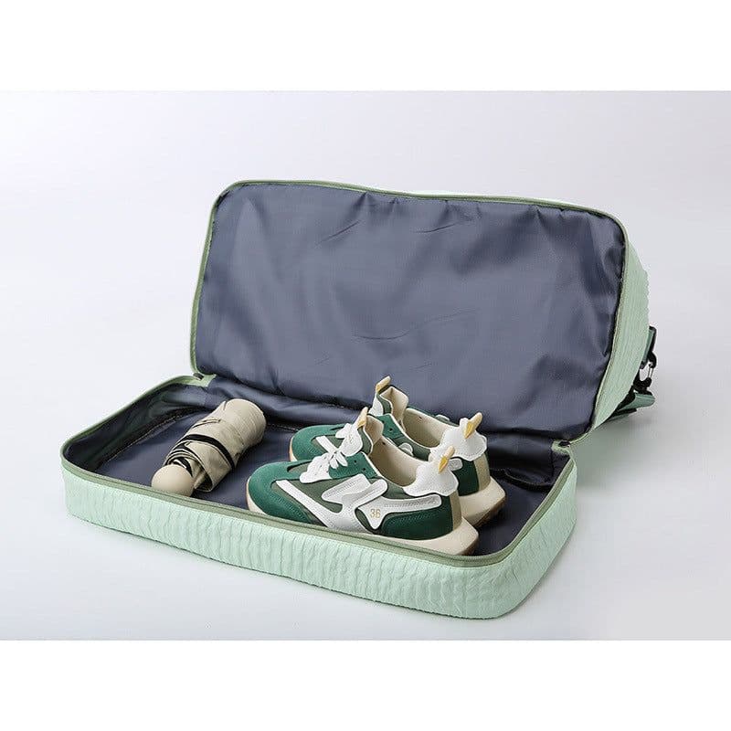 image-Solid Color Travel Duffle Bag With Ruched Design Portable Luggage Bag Dry And Wet Separation Fitness Gym Shoulder Bag For Weekender Overnight Handbags Women