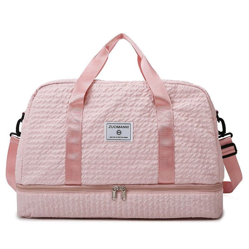 image-Solid Color Travel Duffle Bag With Ruched Design Portable Luggage Bag Dry And Wet Separation Fitness Gym Shoulder Bag For Weekender Overnight Handbags Women