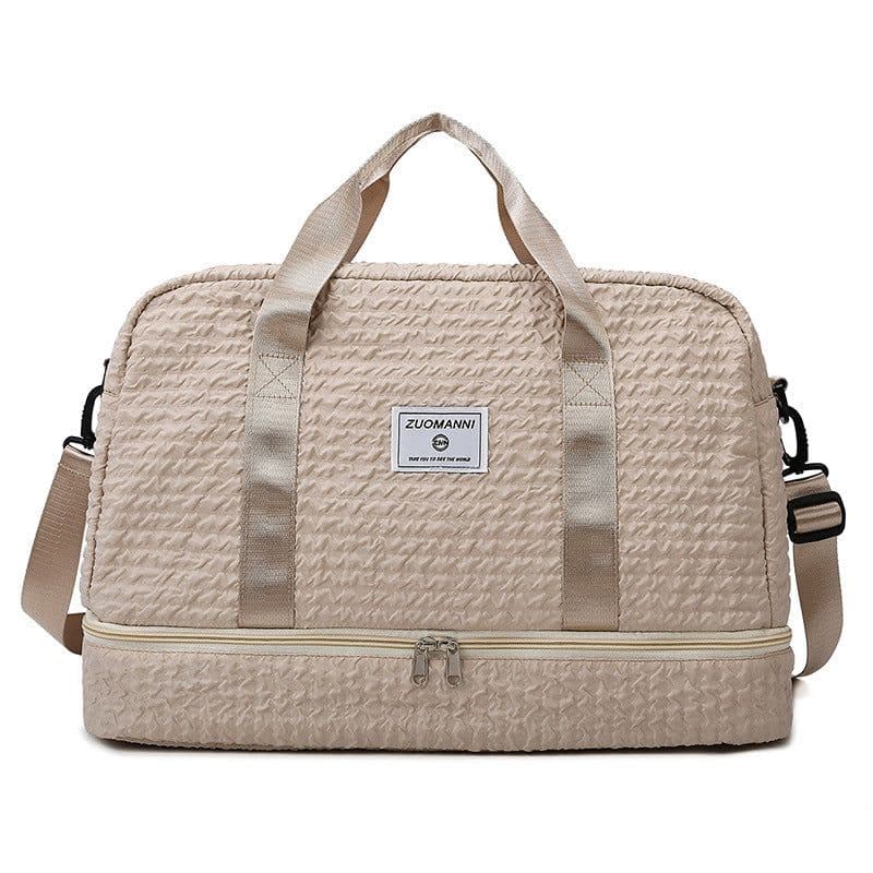 image-Solid Color Travel Duffle Bag With Ruched Design Portable Luggage Bag Dry And Wet Separation Fitness Gym Shoulder Bag For Weekender Overnight Handbags Women