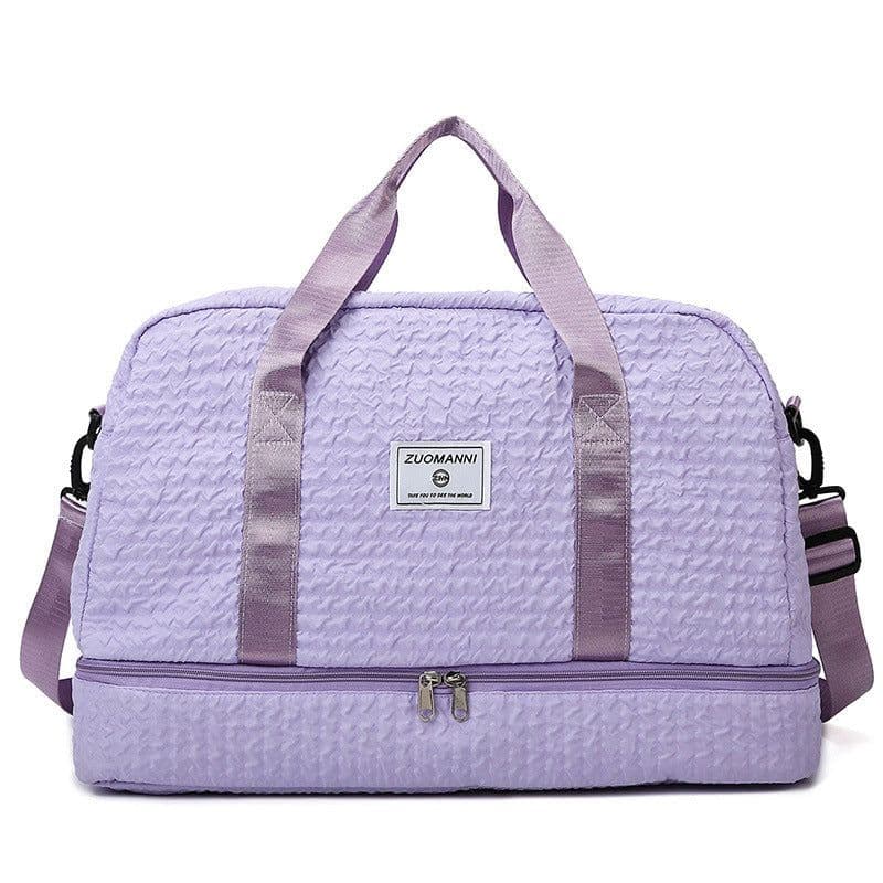 image-Solid Color Travel Duffle Bag With Ruched Design Portable Luggage Bag Dry And Wet Separation Fitness Gym Shoulder Bag For Weekender Overnight Handbags Women