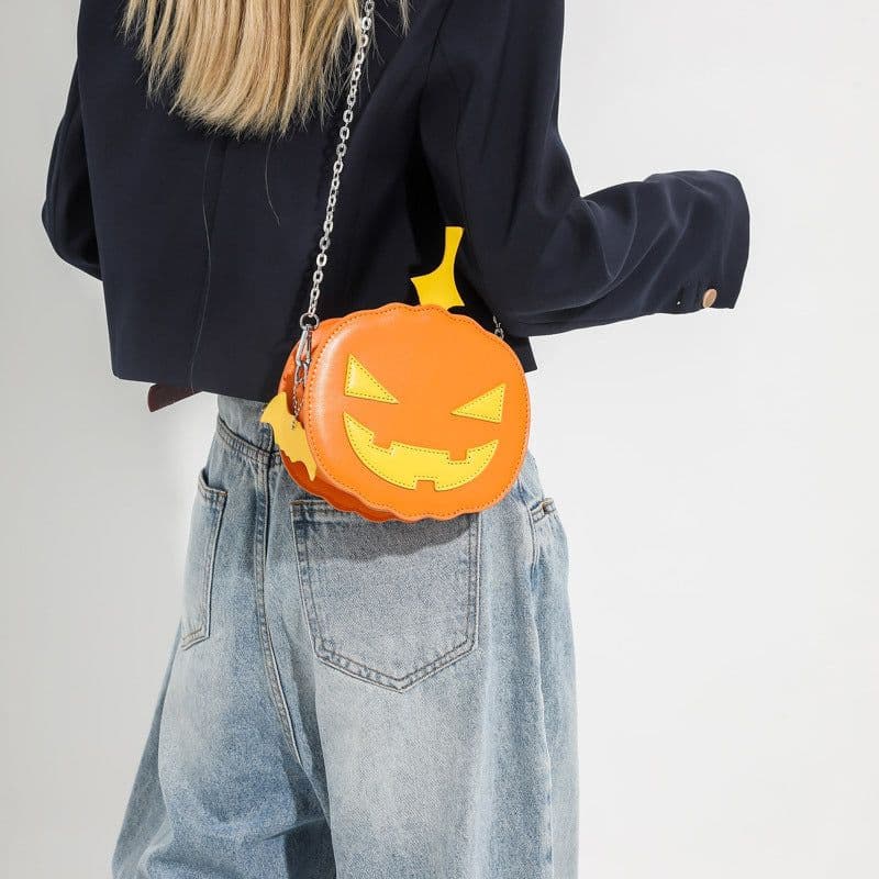 image-Contrast Color Cartoon Funny Pumpkin Crossbody Shoulder Bag