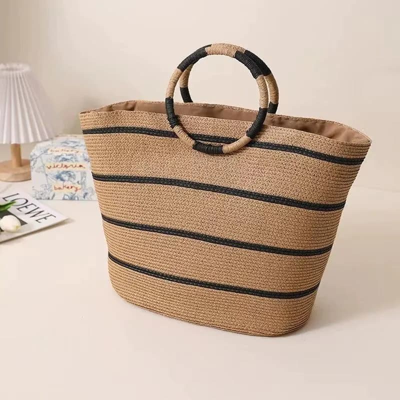 image-Large Capacity Round Early Woven Summer All-matching Woven Shoulder Beach Bag Handbag