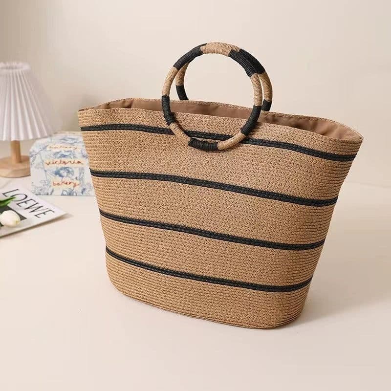 image-Large Capacity Round Early Woven Summer All-matching Woven Shoulder Beach Bag Handbag