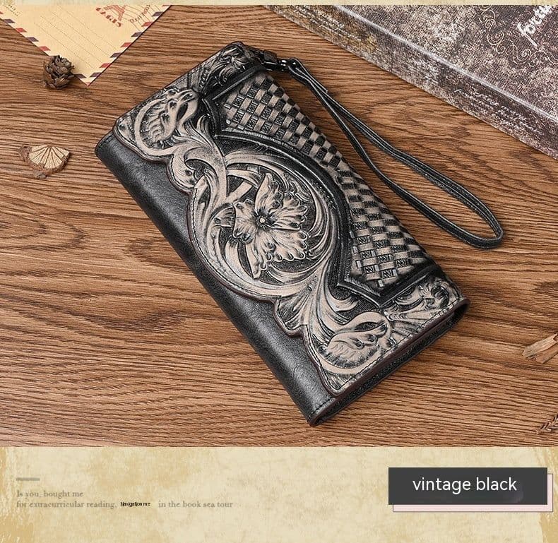 image-Chinese Style Embossed Wallet Women's First Layer Long Cowhide Fashion Wallet Large Capacity Tri-fold Bag Retro Wallet