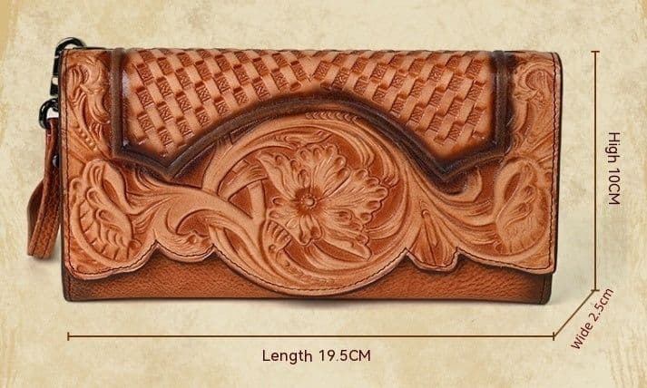 image-Chinese Style Embossed Wallet Women's First Layer Long Cowhide Fashion Wallet Large Capacity Tri-fold Bag Retro Wallet