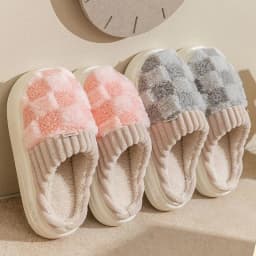 image-Plaid Plush Slippers Women's Indoor Plush Home Slippers Soft Sole Thick Non-Slip Warm House Shoes Couple Autumn And Winter