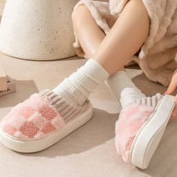 image-Plaid Plush Slippers Women's Indoor Plush Home Slippers Soft Sole Thick Non-Slip Warm House Shoes Couple Autumn And Winter