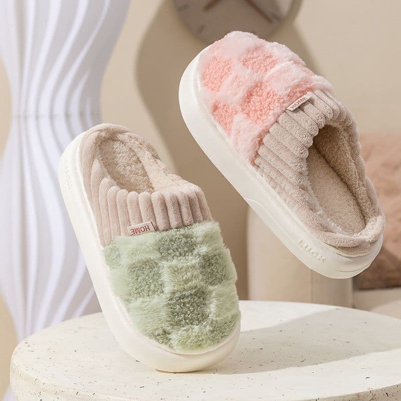 image-Plaid Plush Slippers Women's Indoor Plush Home Slippers Soft Sole Thick Non-Slip Warm House Shoes Couple Autumn And Winter
