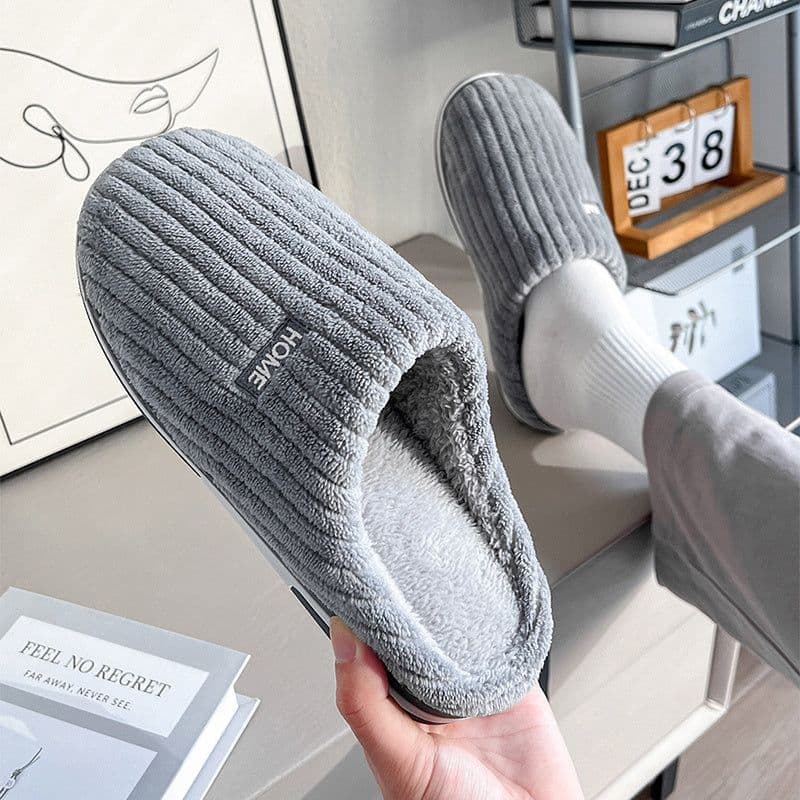 image-Solid Color Simple Cotton Slippers Winter Non-slip Home Warm Plush Slippers Household Indoor Couple Women's House Shoes