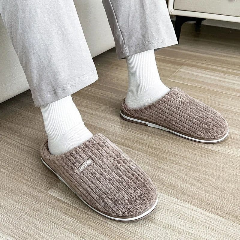 image-Solid Color Simple Cotton Slippers Winter Non-slip Home Warm Plush Slippers Household Indoor Couple Women's House Shoes