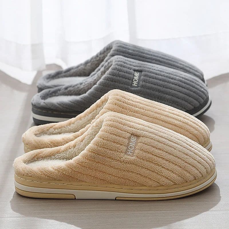 image-Solid Color Simple Cotton Slippers Winter Non-slip Home Warm Plush Slippers Household Indoor Couple Women's House Shoes