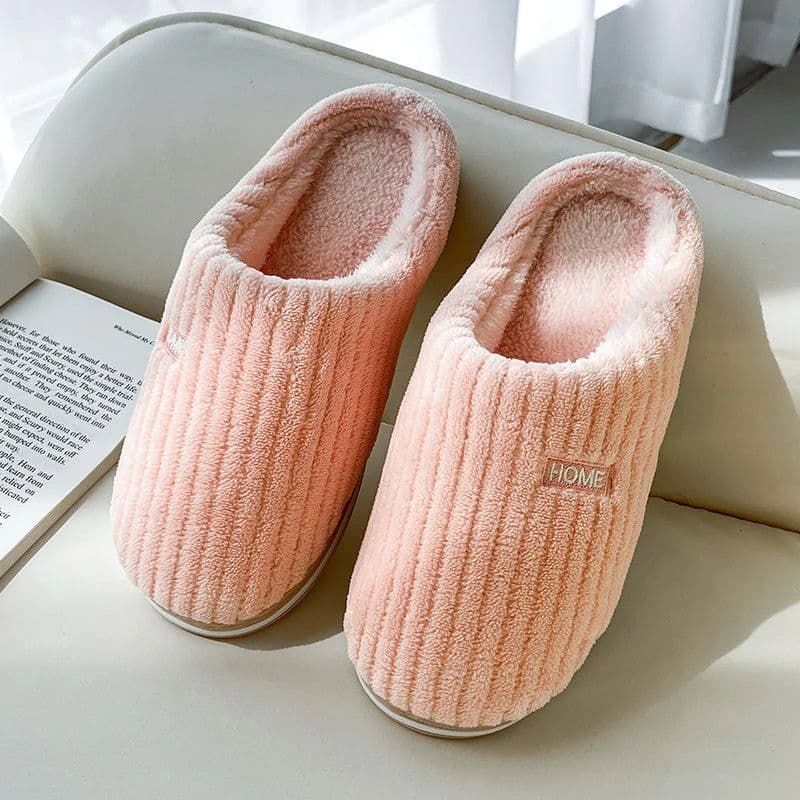 image-Solid Color Simple Cotton Slippers Winter Non-slip Home Warm Plush Slippers Household Indoor Couple Women's House Shoes