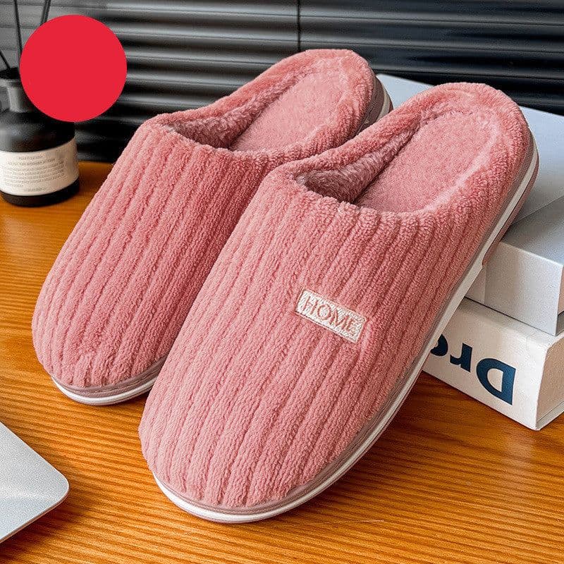 image-Solid Color Simple Cotton Slippers Winter Non-slip Home Warm Plush Slippers Household Indoor Couple Women's House Shoes
