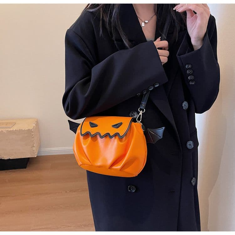 image-Halloween Little Devil Pumpkin Cute Contrast Color Pleated Cloud Bag