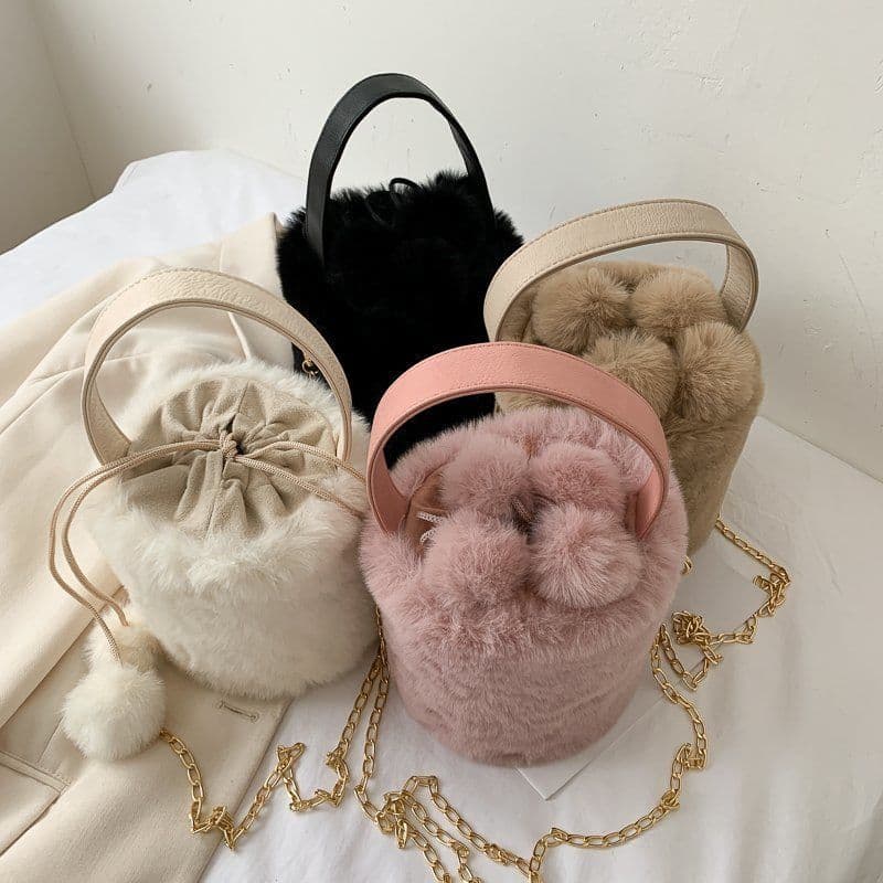 image-Women's Fashion Drawstring Anti-theft Fur Ball Shoulder Crossbody Bag