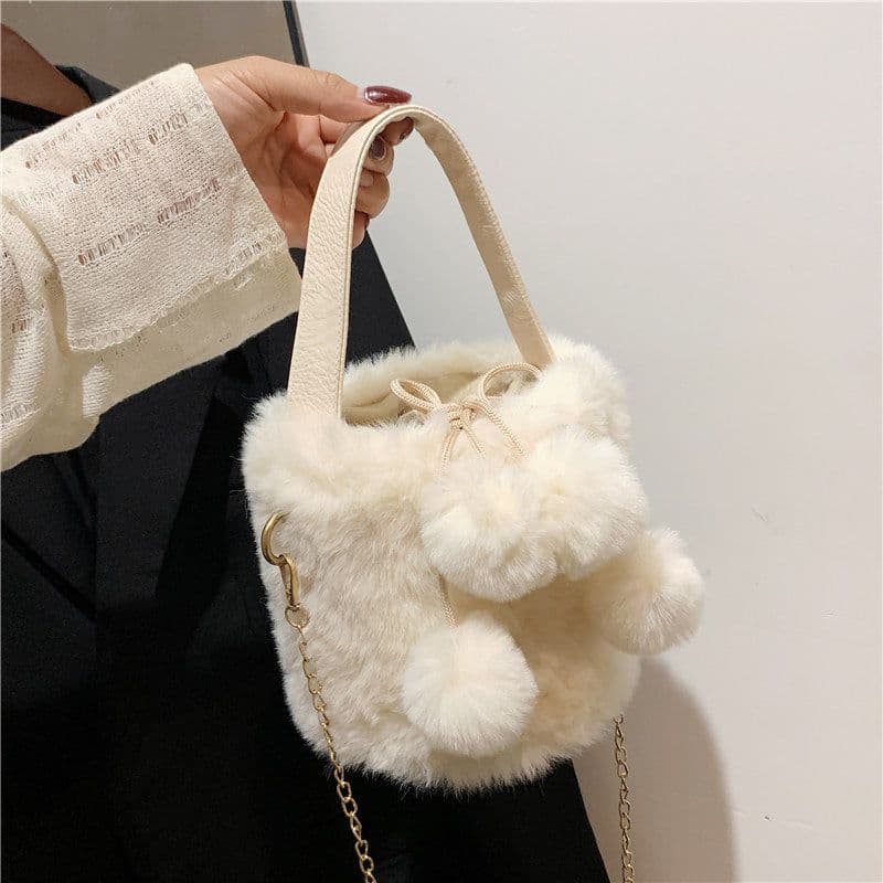 image-Women's Plush Large Capacity Portable Chain Cross Body Bucket Bag