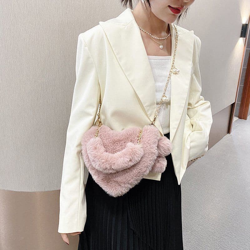 image-Women's Fashion Love Imitation Rex Rabbit Plush One-shoulder Crossbody Bag