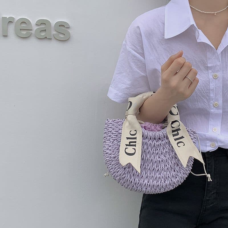 image-Women's Silk Scarf Letter Crossbody Straw Woven Bag