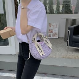 image-Women's Silk Scarf Letter Crossbody Straw Woven Bag