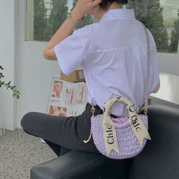 image-Women's Silk Scarf Letter Crossbody Straw Woven Bag