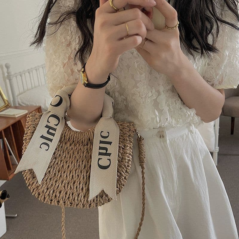 image-Women's Silk Scarf Letter Crossbody Straw Woven Bag