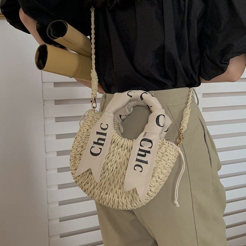 image-Women's Silk Scarf Letter Crossbody Straw Woven Bag