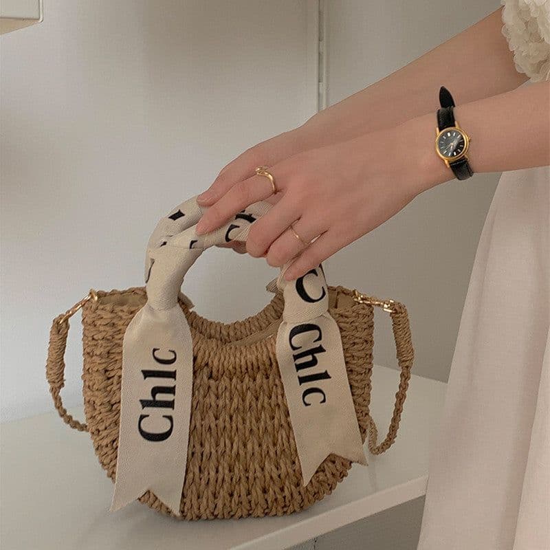 image-Women's Silk Scarf Letter Crossbody Straw Woven Bag