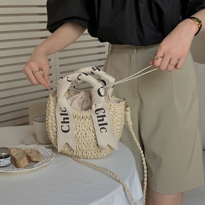 image-Women's Silk Scarf Letter Crossbody Straw Woven Bag
