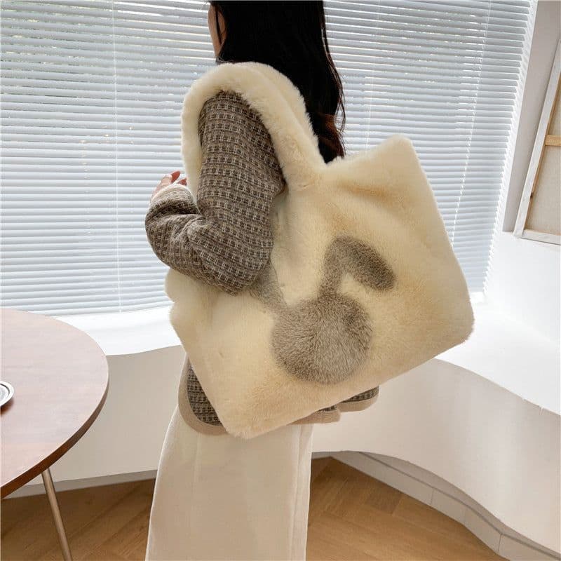 image-Cute Cartoon Rabbit Ears Plush Bag Autumn And Winter Shoulder Bag Shopping Handbags Large Capacity Personalized Tote Bags For Women