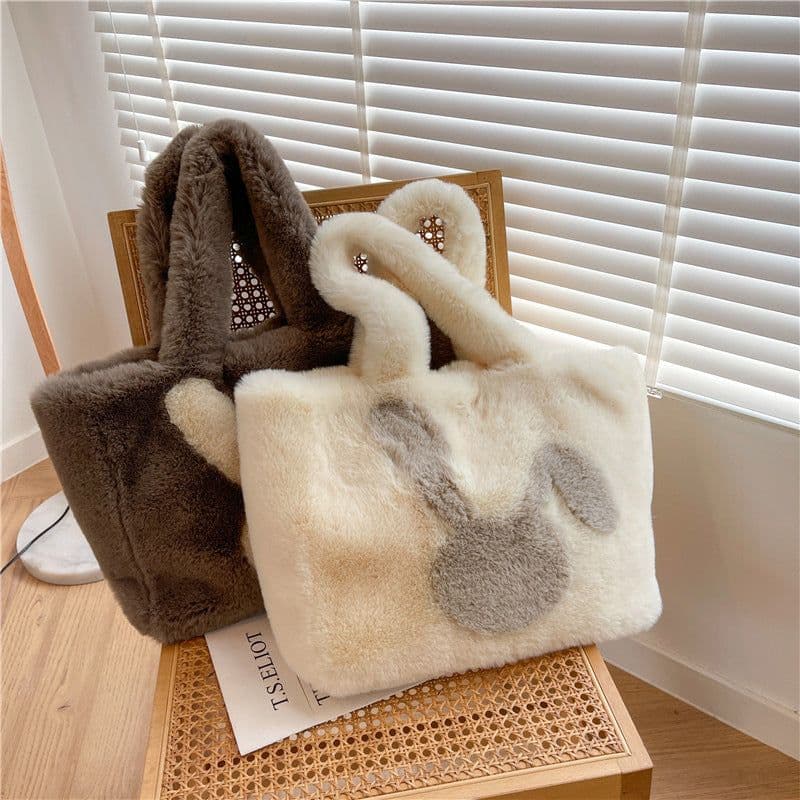 image-Cute Cartoon Rabbit Ears Plush Bag Autumn And Winter Shoulder Bag Shopping Handbags Large Capacity Personalized Tote Bags For Women