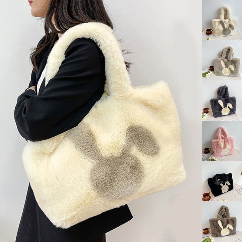 image-Cute Cartoon Rabbit Ears Plush Bag Autumn And Winter Shoulder Bag Shopping Handbags Large Capacity Personalized Tote Bags For Women